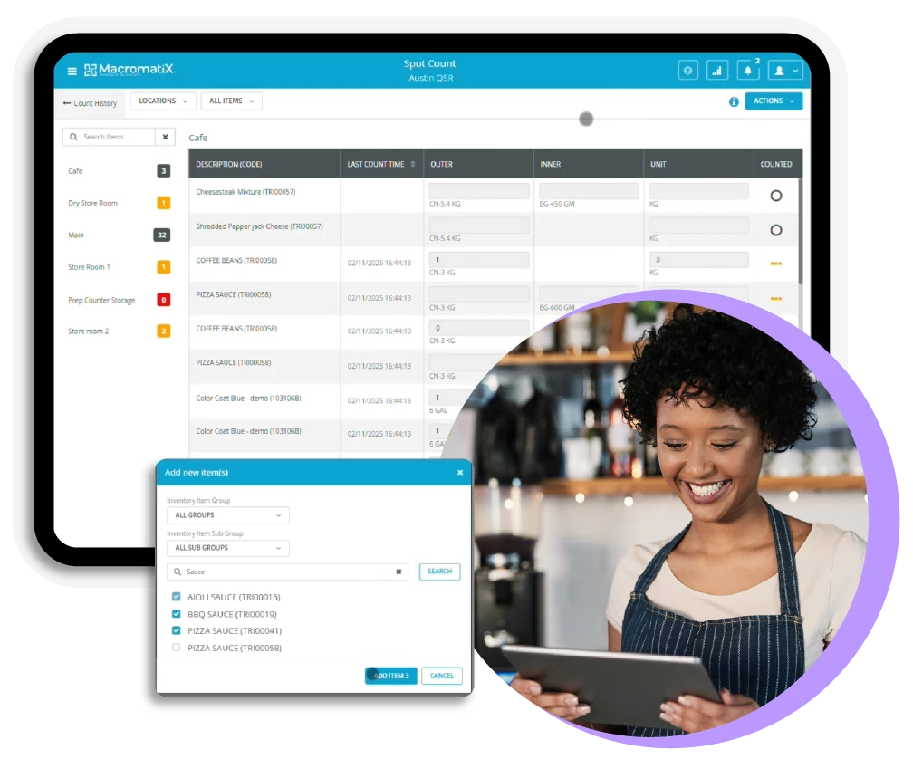 Macromatix inventory management software on a tablet.